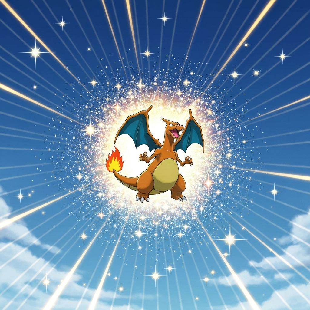 Holographic Charizard card emerging from bright light