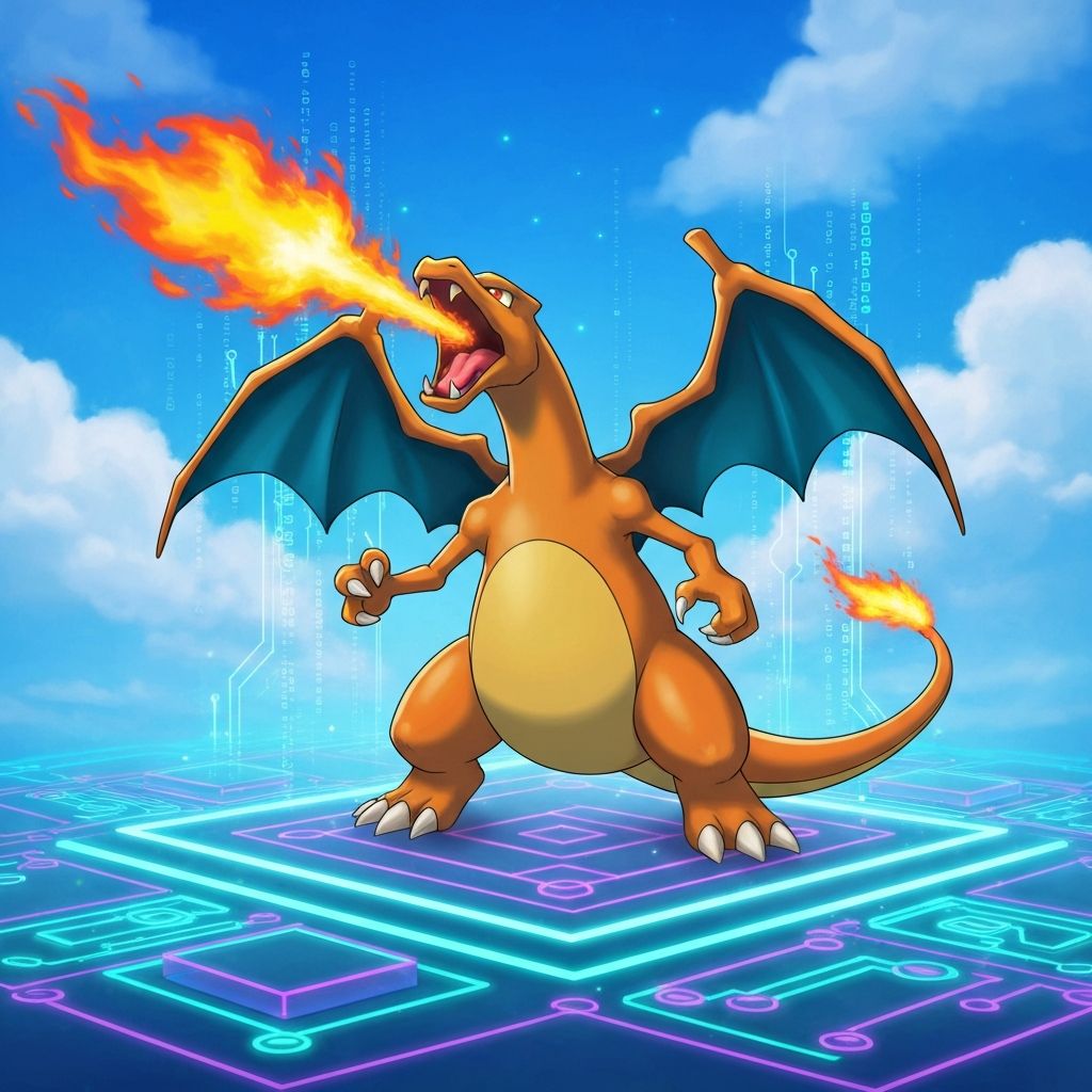 Charizard standing on a futuristic blockchain platform